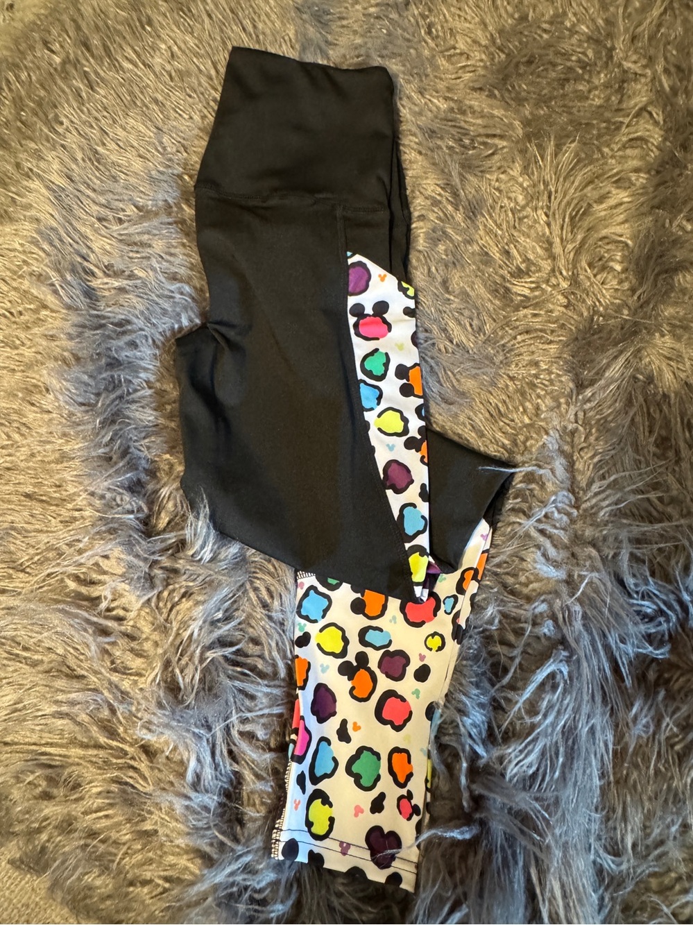 Women’s OS Mickey Black Leggings with Multicolor Leopard Panel